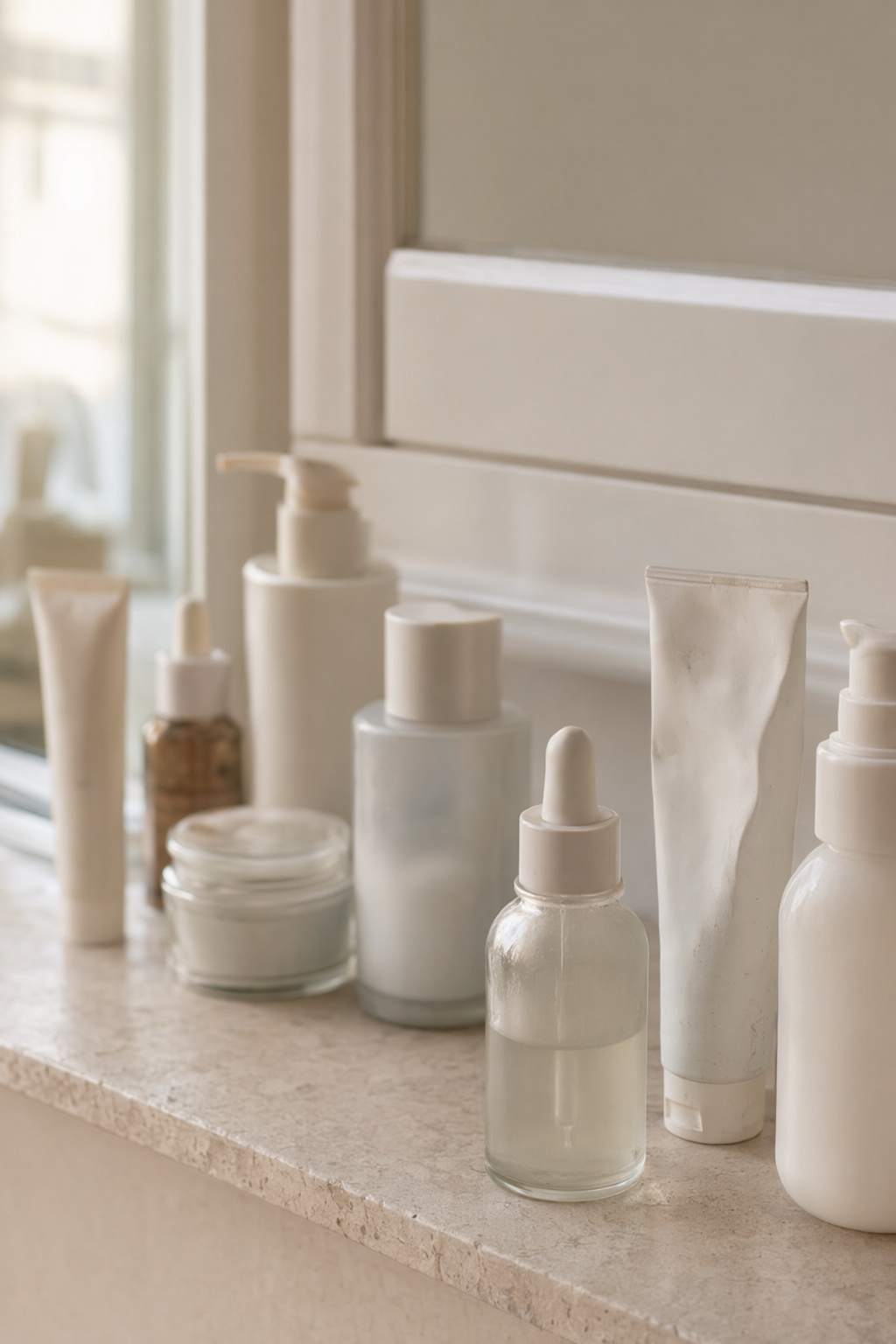 A shelf of half-used bottles in morning light