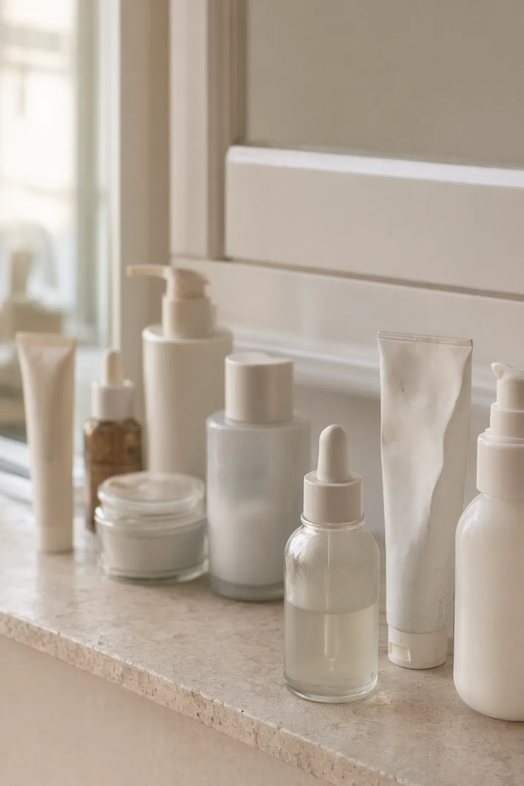A shelf of half-used bottles in morning light