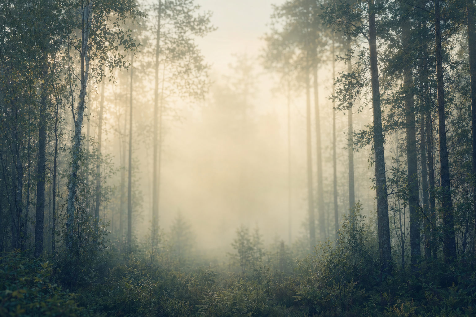 Foggy forest at dawn