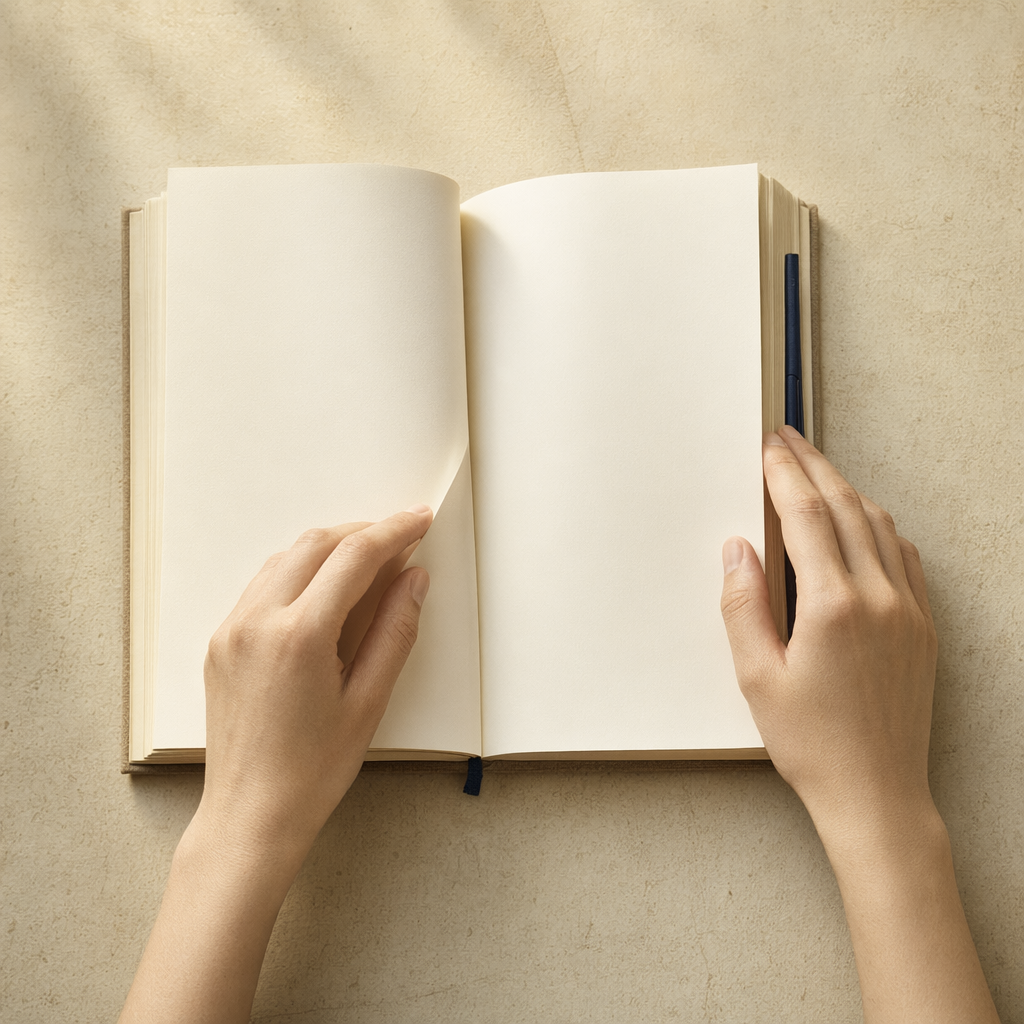 Hands turning the page of an open notebook