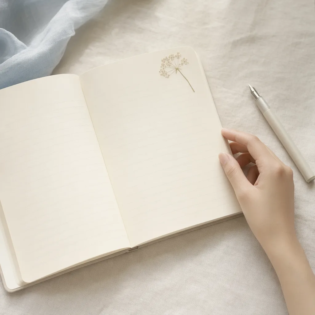 Hands turning the page of an open notebook
