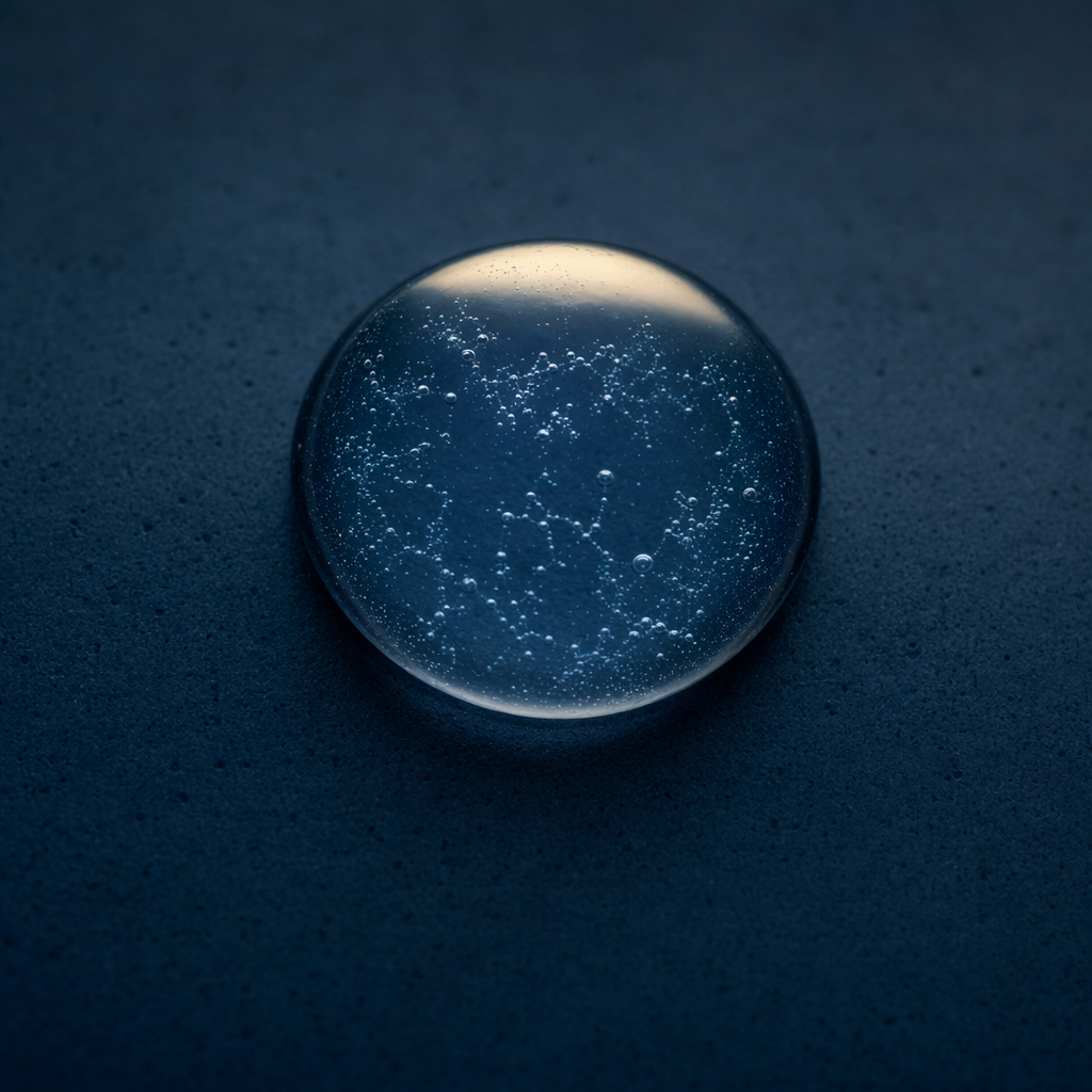 Macro water droplet on an ink-navy surface