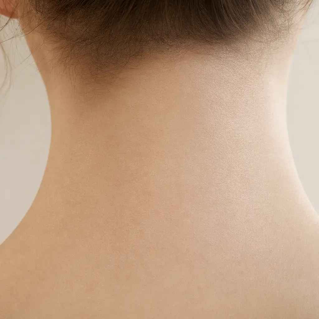The same skin on the back of the neck, calmer and more even, after four weeks