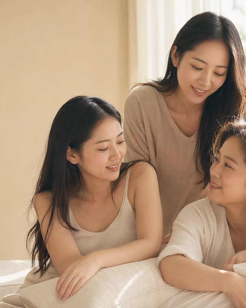 A small group of people in warm window light