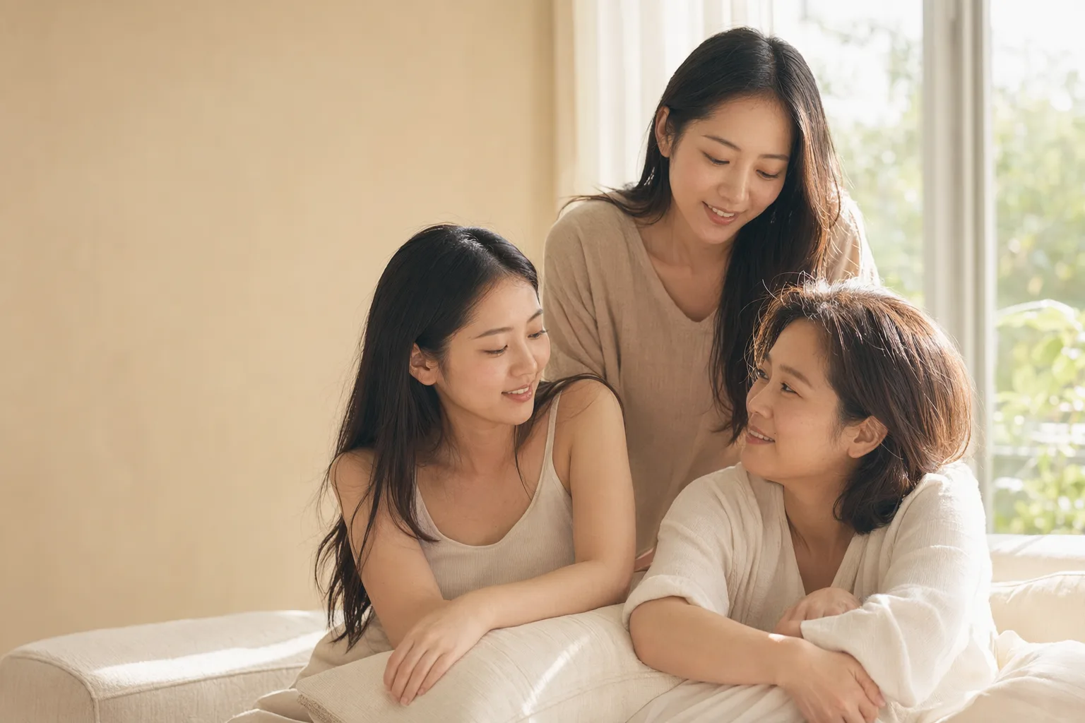 A small group of people in warm window light