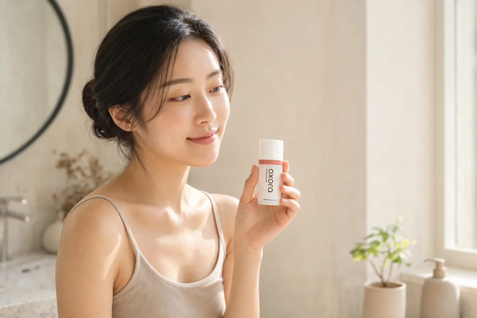 A woman holding Oxora Acne-prone at a sunlit vanity