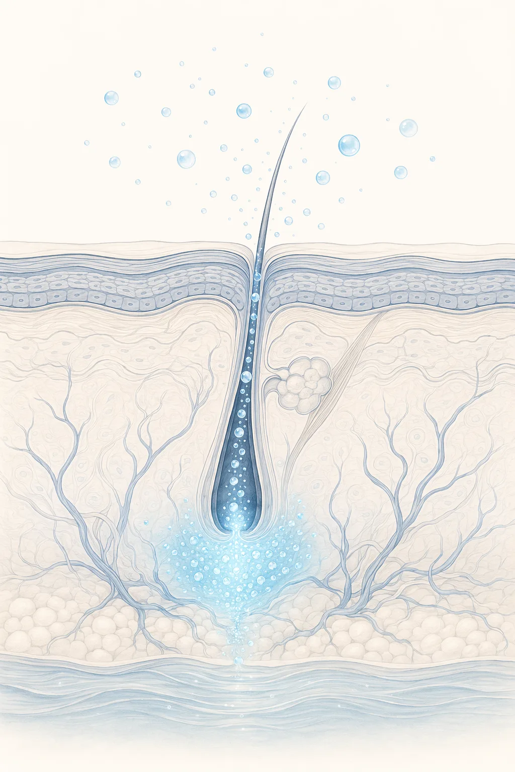 Cross-section of skin: oxygen nanobubbles drift down from the surface, descend a follicle channel, and release oxygen deep in the lower layers.